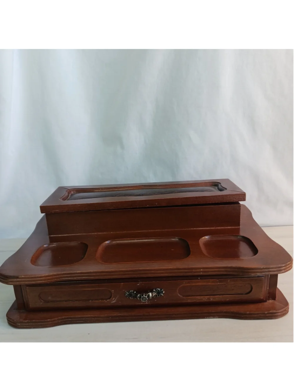 Vintage Wood Leather Men's Valet Jewelry Box Organizer London Leather 12x7x4